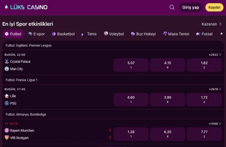 Lüks Gazino featured sports events list