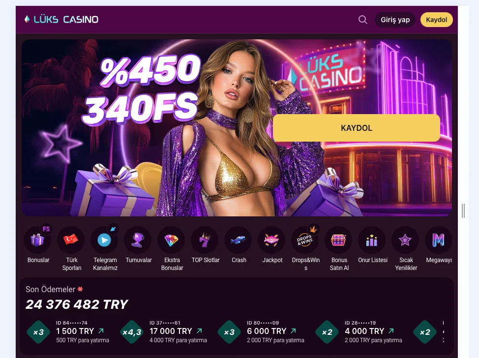 Lüks Gazino homepage interface and game categories