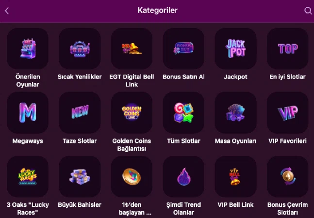 Lüks Gazino slot categories screen view