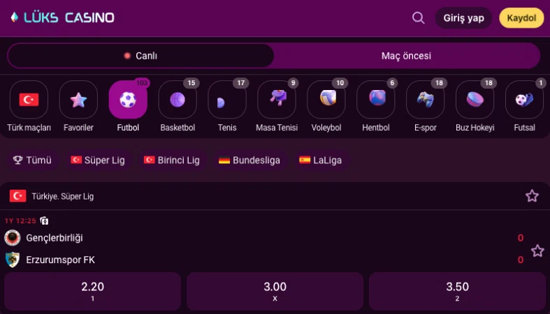 Lüks Gazino sports betting discipline list view