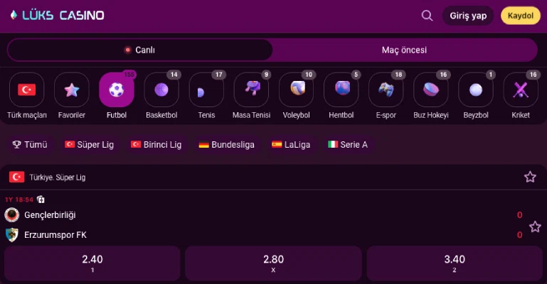 Lüks Gazino favorite sports matches list
