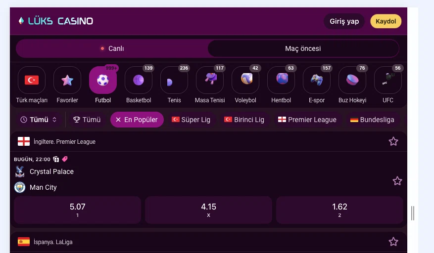 Lüks Gazino pre-match betting odds screen